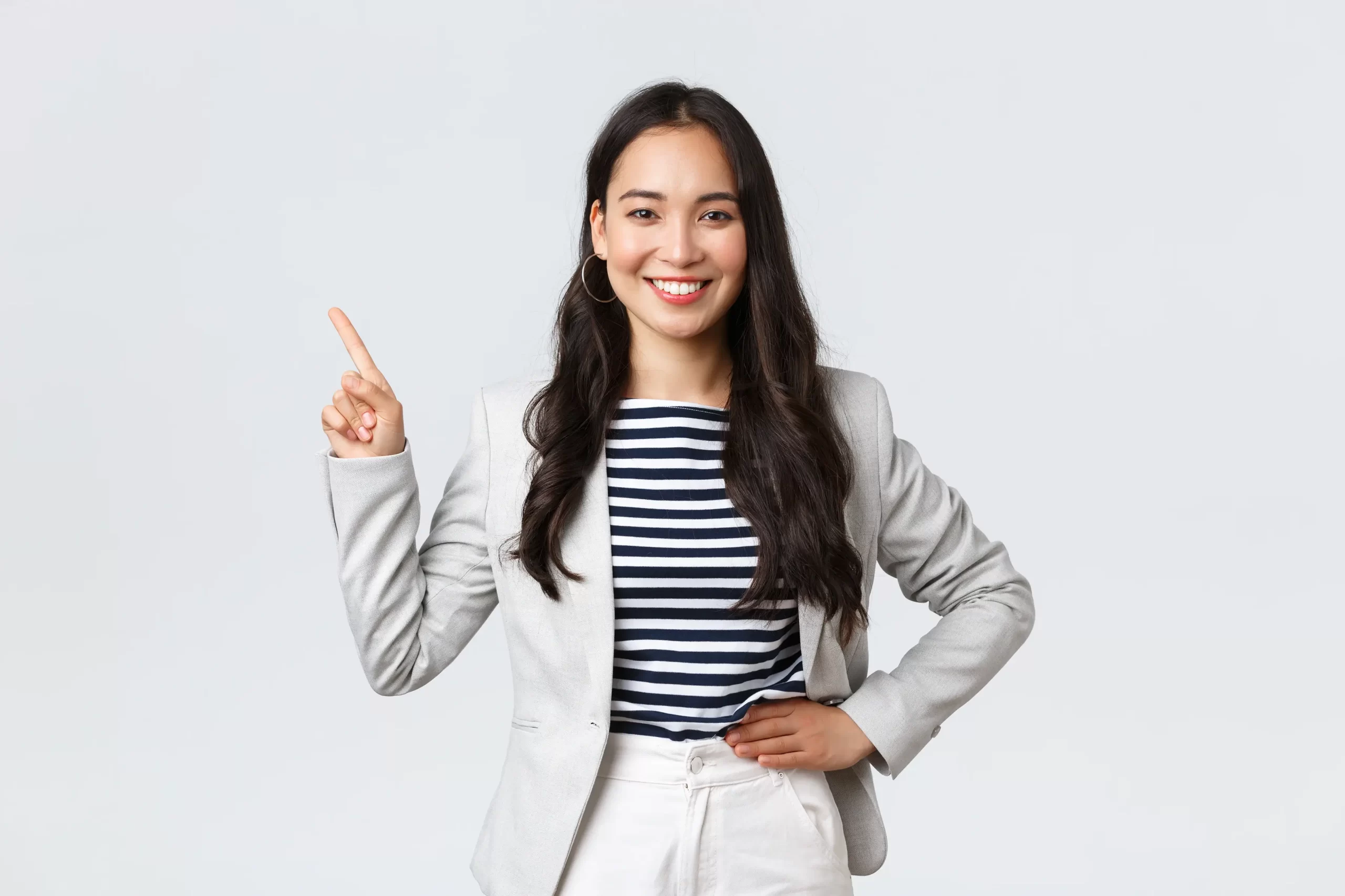 business-finance-employment-female-successful-entrepreneurs-concept-cheerful-successful-businesswoman-white-suit-pointing-fingers-upper-left-corner-showing-advertisement2